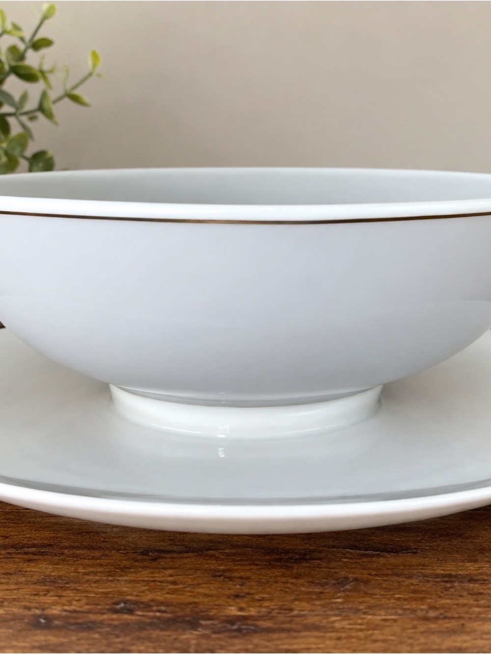 Vintage Creamory Porcelain Serving Bowl with Attached Underplate Silver Trim
